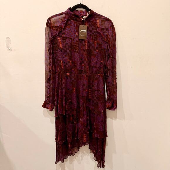 Ba&Sh Macha Silk Sheer Sleeve Asymmetric Tiered Ruffle Hem Midi Dress Burgundy 6 - Picture 2 of 5